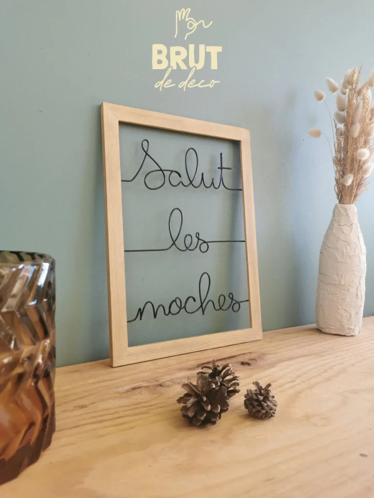 cadre mural en bois et phrase "salut les moches" en fil de fer