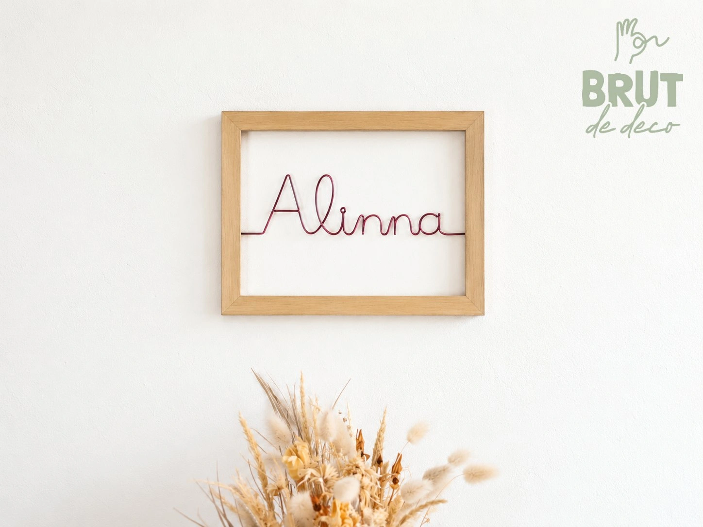 Cadre prénom personnalisé en fil de fer rose Alinna et tableau en bois